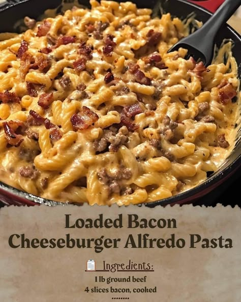 Bacon Cheeseburger Alfredo Pasta, Loaded Bacon Cheeseburger Alfredo Pasta, Crenn Recipes, Quick Soup Recipes, Gordon Ramsay Recipe, Fast Dinner Recipes, Pasta Plates, Pasta Ingredients, Bacon Cheeseburger