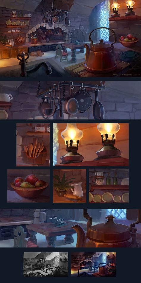 https://www.behance.net/gallery/62366071/Medieval-kitchen-matte-painting Medieval Set Design, Cozy Kitchen Illustration, Kitchen Concept Art, Dnd Moodboard, Bg Illustration, Medieval Reference, Game Design Illustration, Medieval Kitchen, Magic Kitchen