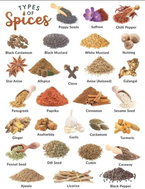 Spices List For Kitchen, Types Of Spices, Fruits And Vegetables List, List Of Spices, Trail Mix Recipes, Spice Garden, Mediterranean Spices, Pillsbury Recipes, Types Of Herbs