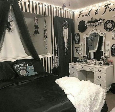 This is an awesome gothic style bedroom! #gothic #gothicbedroom #gothicbedroomdecor #gothichomedecor #gothicstylebedroom Teenage Goth Bedroom, Goth Room White Furniture, White Goth Room, Gothic Room Ideas, Dre Ronayne, Gothic Bedrooms, Slytherin Room, Gothic Bedroom Ideas, Gothic Bed