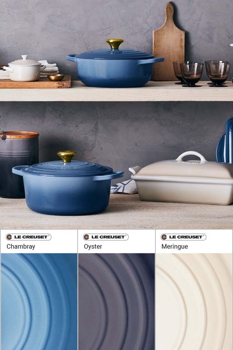 Chambray is flexible enough to complement every shade of blue, or to add texture and flavor to a crisp, neutral palette. Visit our website for more Le Creuset storage ideas, Le Creuset color pairings, and inspiration for which Le Creuset colors look go well together. Chambray Le Creuset, Le Creuset Chambray, Le Creuset Colors Combinations, Le Creuset Aesthetic, Le Creuset Storage, Fall Routine, Le Creuset Blue, Le Creuset Colors, Pairing Ideas