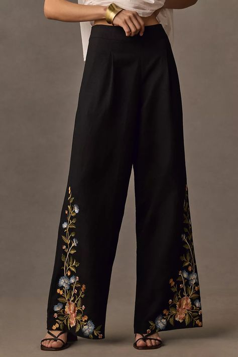 Ranna Gill Floral Embroidered Pants | Anthropologie Pant Suits For Women Wedding, Dnd Clothes, Pants Embroidery, Linen Pants Suit, Embroidery Pants, Grad Outfits, Pant Suits For Women, Flower Pants, Silly Puppets