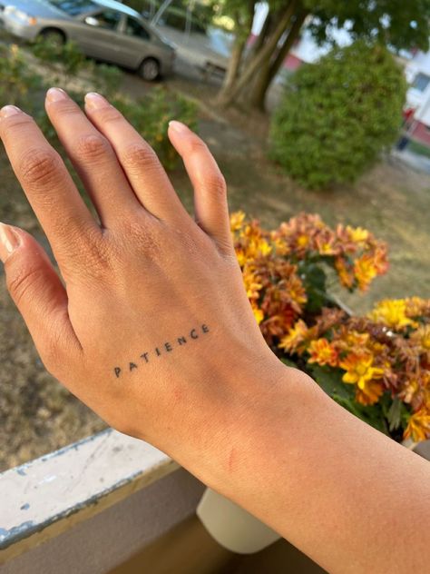 Patience Tattoo On Hand, Create Tattoo Word On Hand, Patchwork Tattoo Ideas Christian, Patience Symbol Tattoo, Patience Hand Tattoo, Rejoice Tattoo, Patience Tattoo Fonts, Christian Patchwork Tattoo, Patience Tattoo Ideas