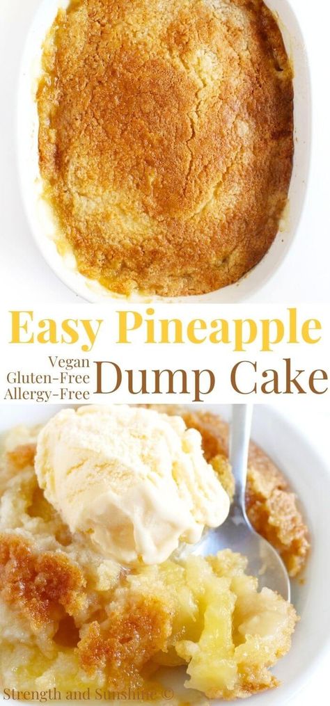 Pineapple Dump Cake (Gluten-Free, Vegan) | Strength and Sunshine | Delicious and easy pineapple dump cake! Just 3 to 4 ingredients, dump, and bake; this gluten-free and vegan dessert is buttery, sweet, and tangy! It's the perfect no-fuss recipe when you're short on time but still want to impress! With a golden brown crust and ooey gooey center, this tropical cake is perfect with a scoop of your favorite ice cream! Dump Cake Recipes Gluten Free, Pineapple Easy Dessert, Crushed Pineapple Recipes Gluten Free, Tropical Dump Cake, Gf Dump Cake, Pineapple Cake Gluten Free, Golden Pineapple Sweet Bake, Vegan Pineapple Dessert, Healthy Dump Cake