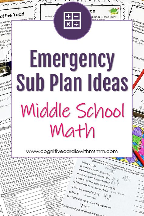 Could you use a few ideas for emergency sub plans in  middle school math? This blog post has several suggestions for getting those middle school sub plans ready:-) Middle School Math Teacher, Math 8, Middle School Lesson Plans, Middle School Math Classroom, Upper Elementary Math, Number Puzzles, Math Work, 7th Grade Math, 8th Grade Math