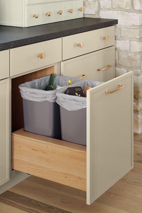 Under Counter Trash And Recycling, Unique Trash Can Ideas, Garbage Cans In Kitchen, Pull Out Trash Cabinet, Double Trash Can, Pull Out Trash Cans, Garbage Recycling, Inside Cabinets, Organization Products