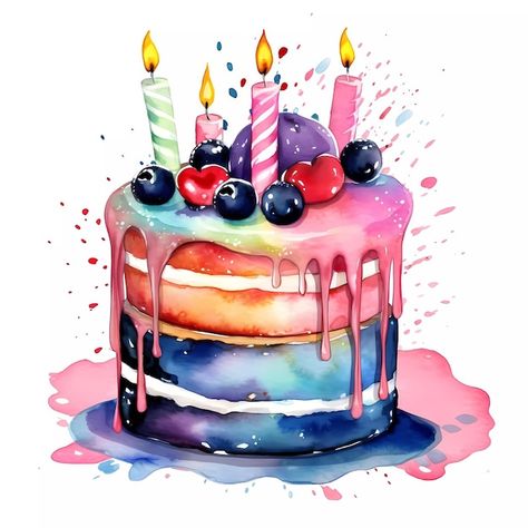 Birthday Cake Painting, Happy Birthday Torte, Birthday Cake Watercolor, Watercolor Birthday Cake, Cake Watercolor, Candle Clipart, Cake Painting, Nursing Cake, Cake Drawing