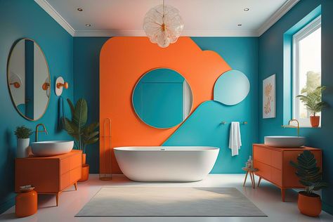 Orange Toilet, Orange Sink, Split Complementary, Split Complementary Colors, Teal Bathroom, Orange Bathrooms, Downstairs Toilet, Concrete Floor, Orange Orange