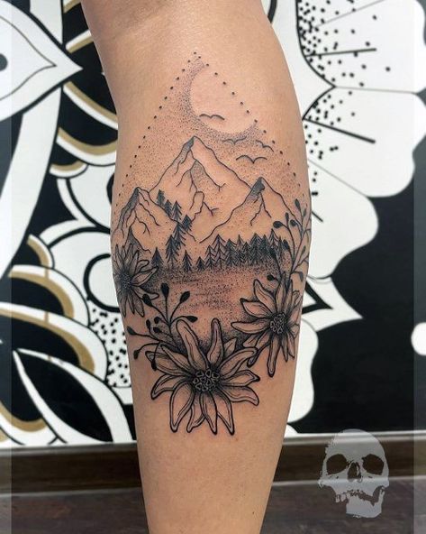 Hiking Tatoos Woman, Nature Theme Tattoo For Women, Hiker Tattoo Ideas, Hiking Trail Tattoo, Outdoor Theme Tattoo, Mountainscape Tattoo, Mountain Flower Tattoo, Mountain Sleeve Tattoo Women, Outdoor Tattoo For Women