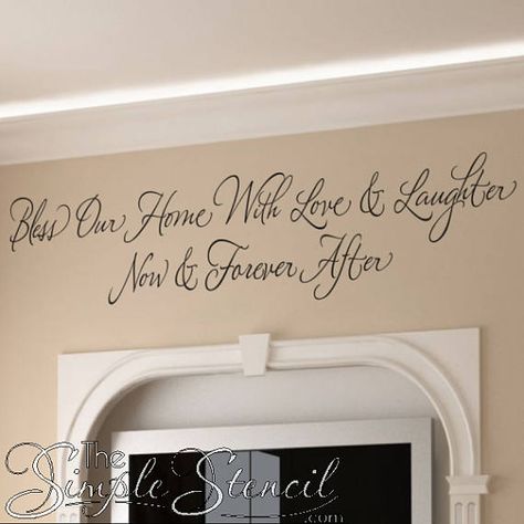 A beautiful scripted vinyl wall quote that reads Bless our home with love and laughter, now and forever after . This makes a wonderful addition to a family room area with friends and family gather. It also makes a creative housewarming gift! *Picture details; shows the 60 x 12 size Simple Stencil, Wall Transfers, Scripture Wall Decal, Bless Our Home, Retro Paper, Crooked House, Sticker Wallpaper, Removable Vinyl Wall Decals, Arched Wall