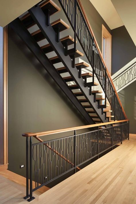 Fascinating energy efficient home overlooking Puget Sound درابزين السلم, Wood Handrail, Floor Living, Stair Rail, Escalier Design, Stair Railing Design, Open Staircase, Wood Staircase, Steel Stairs