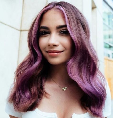 Plum Highlights, Dark Purple Highlights, Purple Highlights Brown Hair, Lilac Highlights, Pink Hair Streaks, Purple Brown Hair, Purple Hair Highlights, Pink Purple Hair, Purple Balayage