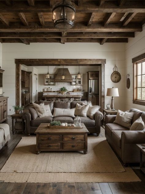 Country Earthy Aesthetic, Kitchen Bar Open To Living Room, Living Room Inspiration Vintage Modern, Rustic Chic Aesthetic, Luxury Cabin Bedroom, Small Rustic Living Room Ideas, Dark Rustic Living Room, Starling House, Stone Wall Living Room