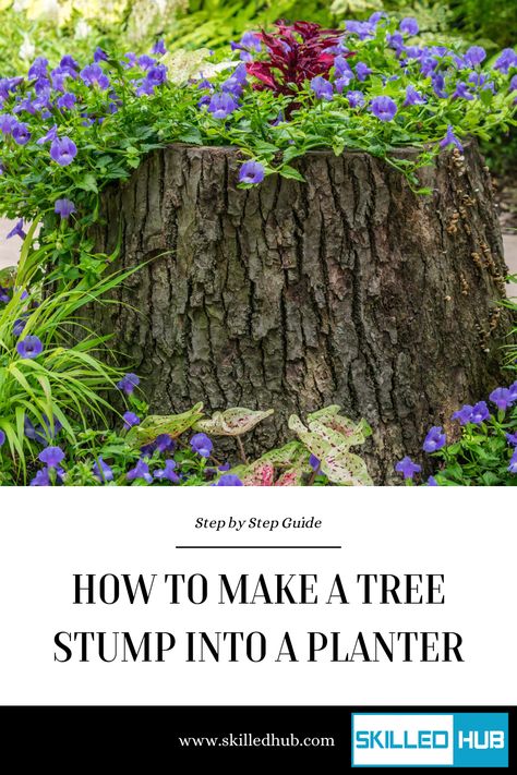 Tree stumps can be such an eyesore in your yard and removal can sometimes be challenging and costly. Why not change the stump into something extraordinary....like a flower planter box. #planterbox #treestump #flowers How To Remove Tree Stumps Fast, How To Remove A Tree Stump Quickly, Removing Stumps Diy, Flowers In Tree Stump, How To Hollow Out A Tree Stump Planters, Tree Stump Planter, Log Planter, Tree Logs, Fake Trees