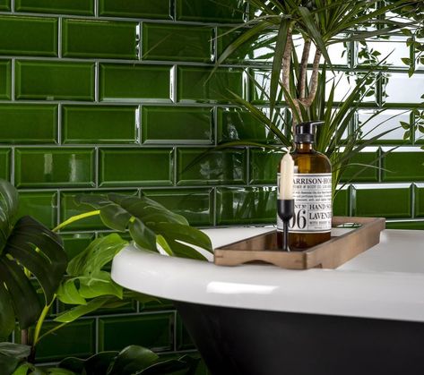 Victorian Green Metro Tiles, Walls and Floors Green Metro Tiles, Metro Tiles Bathroom, Victorian Green, Green Tile Bathroom, White Wall Tiles, Metro Tiles, Victorian Tiles, Downstairs Toilet, Wood Effect Tiles