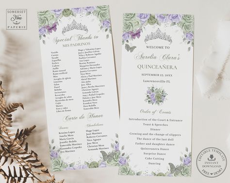 EDITABLE Slim Purple Lilac Lavender Sage Green Floral Silver Quinceanera Program Quince XV Birthday Order of Events Padrinos Download QC67 Sage Green And Purple, Woodland Animal Birthday, Lollipop Party, Order Of Events, Sage Green Floral, Australia Photos, Lavender Sage, Lilac Lavender, 16 Birthday