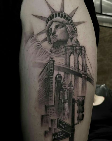 Queens Ny Tattoo, New York Inspired Tattoo, Manhattan Tattoo, Nyc Tattoo Ideas, Nyc Skyline Tattoo, New York City Tattoo, Vegas Tattoos, Clock And Rose Tattoo, Skyline Tattoo