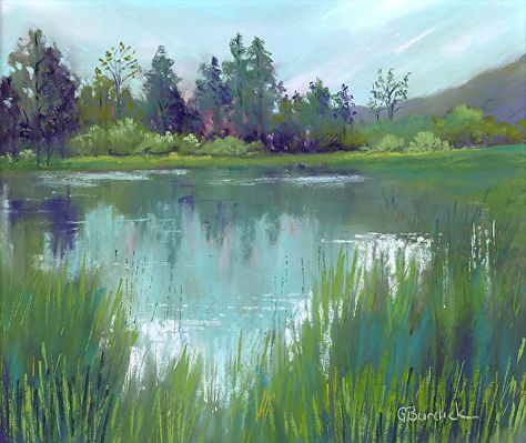 Pond Scenery Painting, Pond Reflection Painting, Paintings Of Ponds, Forest Pond Painting, Painting Pond Water, Pond Landscape Painting, Watercolor Pond Painting, Duck Pond Painting, How To Paint A Pond