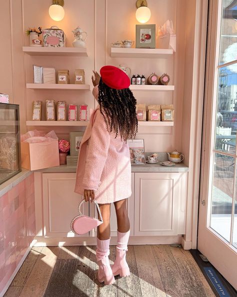 Chazlyn🎀| College Blogger on Instagram: “Time for tea🫖🍰🩰 @sweetlaurelbakery Outfit details: Sweater: @j.ing_official Pink boots: @stevemadden Coat: old @forever21 Heart…” Coquette Outfit Ideas, Winter Tea Party, Black Coquette, Coquette Outfit, Fashion Rules, Celebrity Closet, Cottage Fairy, Pink Corset, Floral Pajamas