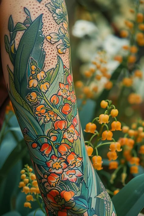 Meaning Of Lily Of The Valley Tattoo | 100+ Lily Tattoos – Flash Your Tat Grass And Flowers Tattoo, Plant Tattoos Color, Color Illustrative Tattoo, May Birth Flowers Tattoo, Lillie’s Of The Valley Flowers, Fun Color Tattoos, Folk Art Tattoo Flash, Poppy Flower Back Tattoo, Neotraditional Tattoo Art