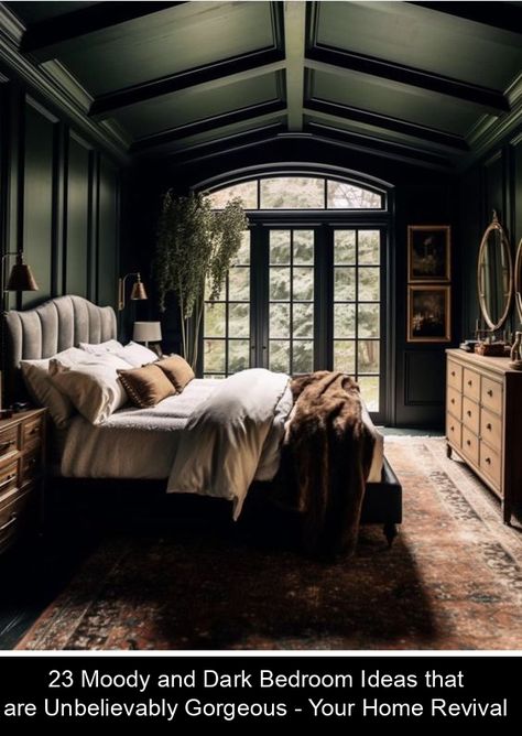 Discover moody and dark bedroom ideas that will inspire your next redecorating project. These stunning designs prove that moody can be marvelous. #farmhouse #bedroom #ideas Green Bedroom Gold Accents, Dark Academia Master Bedrooms Decor, Moody Green And Purple Bedroom, Moody French Country Bedroom, Moody Window Treatments, Dark Master Bedrooms Decor, Bedroom Jewel Tones, Moody Bedding, Dark Green Moody Bedroom