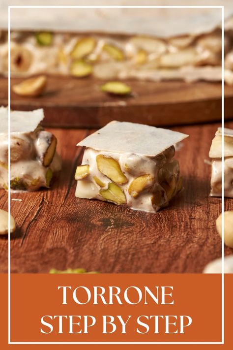 Evoke the charm of Italian sweets with our homemade Torrone recipe. This nut-studded nougat, kissed with honey, is a classic treat that captures the essence of Italy. Perfect for gifting or indulging your sweet tooth! #ItalianTorrone #NougatDelight #TorroneRecipe #SweetItalianTreats #HomemadeConfections #NuttyNougat #HoneyKisses #TraditionalItalianSweets #SweetToothSatisfaction #GiftsFromTheKitchen Italian Nougat Candy, Homemade Nougat Recipe, Easy Nougat Recipe, Chocolate Torrone Recipe Italian, Almond Nougat Recipe, Torrone Recipe, Edible Rice Paper, Acacia Honey, Cooking Thermometer