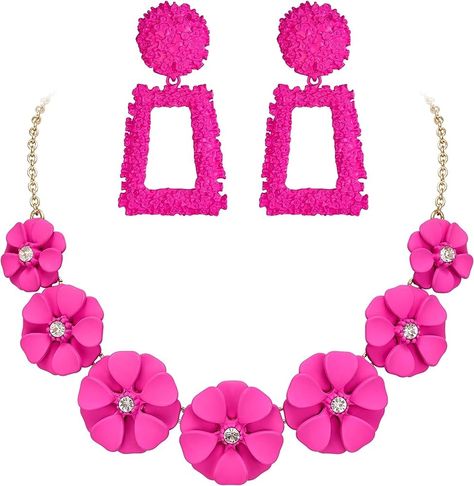 Flyonce Hot Pink Jewelry Sets for Women, Pink Geometric Earrings and Pink Flower Choker Necklace Festive Pink Hand-set Necklace, Pink Flower-shaped Jewelry For Vacation, Pink Flower-shaped Jewelry Sets For Gifts, Hot Pink Jewelry, Adjustable Pink Flower-shaped Jewelry, Pink Jewelry Set, Flower Choker Necklace, Pink Flower-shaped Necklaces With Roses, Flower Choker