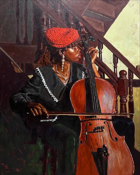 "The Cellist”  Acrylic on canvas  48in x 60in  2024  Artist: John Akande @akandejjohn  #johnakande Art By Black Artists, African American Paintings, Stella Art, Latin Art, Afrofuturism Art, American Impressionism, Art Articles, Contemporary African Art, Jazz Art