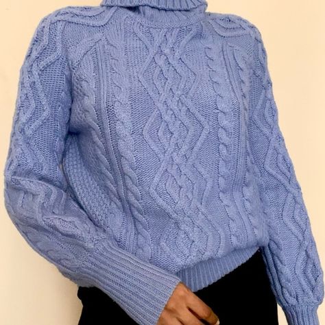 Mango Cozy Periwinkle blue woollen cable knit sweater. Periwinkle Clothes, Periwinkle Sweater, Sweater With Turtleneck, Characters As Humans, Sweater Aesthetic, Blue Clothes, Big Sweaters, Blue Knit Sweater, Periwinkle Blue