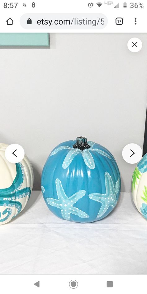 Beachy Pumpkin Painting Ideas, Nautical Pumpkin Painting, Beach Theme Pumpkins, Coastal Pumpkins, Sea Creature Pumpkin, Beach Theme Pumpkin Carving, Ocean Themed Pumpkin Painting, Coastal Fall, Creative Pumpkin Painting