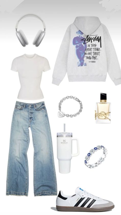 White Hoodie Outfit, Basic White Girl Outfit, Light Wash Jeans Outfit, White Girl Outfits, Ysl Libre, White Tops Outfit, Her Drawing, Bracelets Pandora, Stussy Hoodie