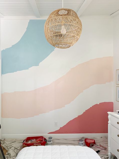 How We Painted A Colorful Abstract Wall Mural (UPDATED!) | Young House Love Diy Paint Mural, Hand Painted Wall Murals Diy Bedroom, Diy Wall Mural, Nursery Paint, Abstract Wall Mural, Girls Room Paint, Room Murals, Painted Mural, Wall Murals Diy