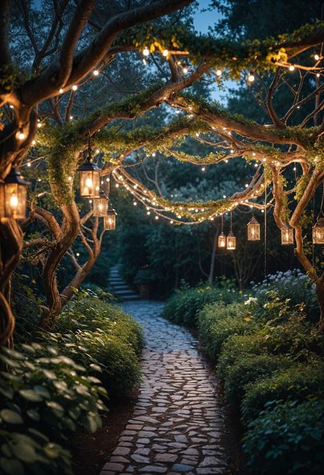 Front Garden Aesthetic, Fairytale Front Yard, Lush Patio Garden, Garden Aesthetic Ideas, Dreamy Garden Ideas, Fairy Light Gardens, Garden Water Fountains Backyard Ideas, Gardens With Fountains, Garden At Night Aesthetic