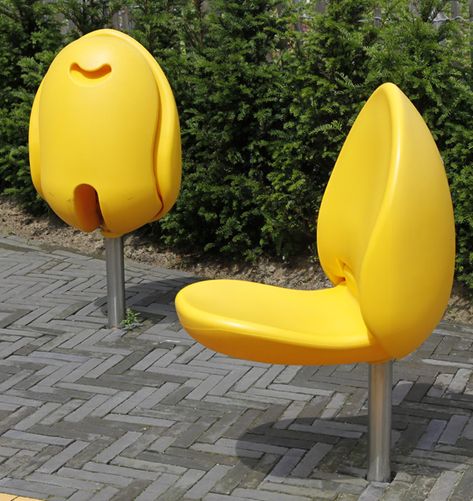 Tulpi Chair by Dutch designer Marco Manders; ideal for public places, keeping seats drier *It is Tulpi, not Tulip!  Saw this in the Netherlands! Yellow Chairs, Bionic Design, Bio Design, Public Space Design, Tulip Chair, Public Seating, Industrial Design Sketch, Urban Furniture, Street Furniture