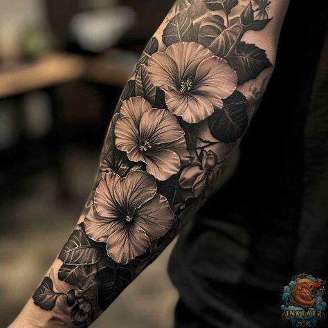 Coverup Tattoo Ideas Black Women, Jungle Sleeve, Cover Up Sleeve, Flower Tattoo Sleeve Men, Morning Glory Tattoo, Botanical Tattoos, Floral Mandala Tattoo, Filigree Tattoo, Rose Tattoos For Women