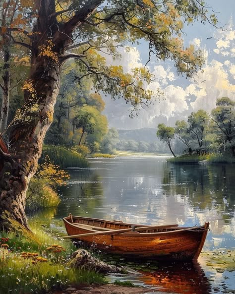 Landscape Painting Tutorial, Beautiful Art Paintings, Boat Art, Boat Painting, Landscape Art Painting, 수채화 그림, Nature Art Painting, Dreamy Art, Painting Art Projects