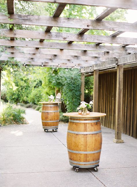 This Romantic Vineyard Wedding is the Epitome of Easy Elegance Wine Barrel Tables, Backyard Beer Garden, Winery Wedding Ideas, Barrel Tables, Beer Garden Ideas, Wedding Pergola, Wine Barrel Table, Small Pergola, Ultimate Backyard