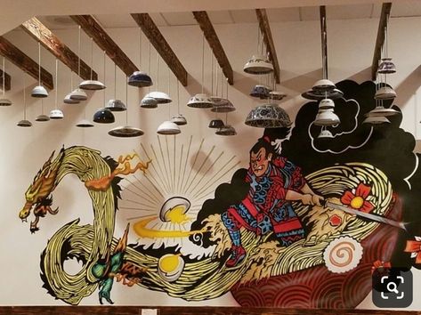 Japanese Mural Restaurant, Japanese Mural, Japanese Restaurant Interior, Japanese Restaurant Design, Ramen Bowls, Design Thinking Process, Ramen Shop, Shop Front Signage, Best Street Art