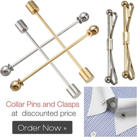 Dress shirts with holes in spread collars for collar pin bar makes a perfect choice for stylish persons. Order yours today! Collar Bars For Men, Collar Pins For Men, Shirts With Holes, Pin Collar Shirt, Mens Dress Hats, Shirt Collar Pins, Clothing Pattern Design, Dapper Outfit, Collar Bar