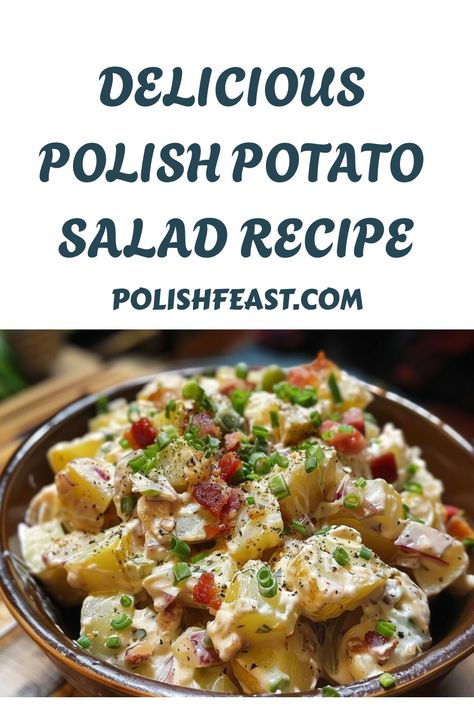 Indulge in the delightful flavors of a homemade Polish potato salad featuring savory bacon and tangy pickles. Dive into our straightforward and efficient recipe to effortlessly whip up this delicious dish. Elevate any Polish potluck or gathering with this mouthwatering side that is sure to impress your guests with its comforting and robust taste profile. Polish Salad Recipes, Polish Salads, Polish Salad, Potato Salad With Bacon, Tartare Recipe, Kielbasa And Cabbage, Savory Bacon, Bacon Potato Salad, Potato Salad Recipe