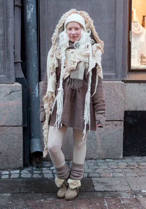 Marianne - Hel Looks - Street Style from Helsinki  “The north, Indians, fairies, the Sami people and nature inspire my style.    I make and modify clothes myself. My style has been white and grey for a long time. I never wear bright colours.” Modified Clothing, Sami People, Finnish Fashion, Mori Fashion, Street Style Blog, Layered Fashion, Looks Street Style, Mori Girl, Helsinki