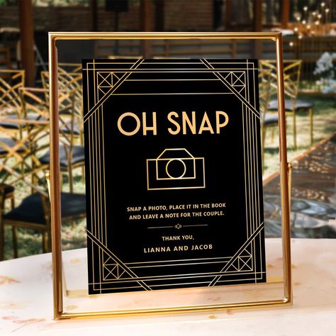 Elegant Art Deco Oh Snap Wedding Black Gold Sign Black Tie Affair Centerpieces, Art Deco Wedding Table Decor, Art Deco Party Decor, Black Theme Wedding Decoration, Gold And Black Wedding Decor, Nye Wedding Centerpieces, Speakeasy Wedding Reception, Black Wedding Reception Decor, Art Deco Wedding Decorations