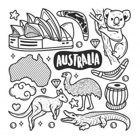 Australia icons hand drawn doodle colori... | Free Vector #Freepik #freevector #travel #icon #hand #line Australia Drawing Ideas, Australia Doodles, Australia Drawing, Australia Tattoo, Travel Doodles, Australia Art, Star Doodle, Logos Retro, Hand Drawn Icons