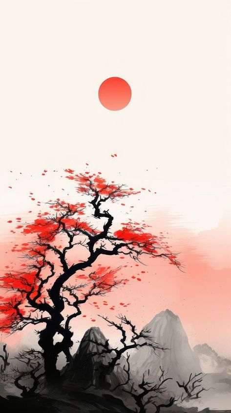 Chinese banyan on the mountain and red sun landscape outdoors painting | premium image by rawpixel.com Painting Wallpaper Aesthetic, Landscape Painting Wallpaper, Outdoors Painting, Chinese Mountains Drawing, Chinese Nature Painting, Traditional Chinese Art Landscape, Chinese Mountains Photography, Chinese Mountains Painting, Sun Landscape