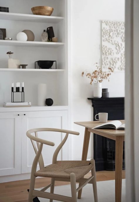 Minimalist Shelving, Elbow Chair, Dining Room Aesthetic, Nordic Dining Room, Minimal Dining, Ilse Crawford, Shelving Display, Scandinavian Dining Room, Minimal Scandinavian