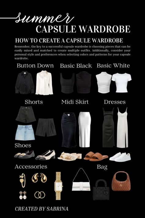 SUMMER CAPSULE WARDROBE | How To Create A Capsule Wardrobe and Outfits Essential Basics Wardrobe, Black Capsule Wardrobe Summer, Black And White Wardrobe Capsule, Summer Outfits Basic Casual, How To Build Wardrobe, Basic Outfit Pieces, Must Have Basics For Women, Summer Black Skirt Outfits, Capsule Wardrobe Black Women