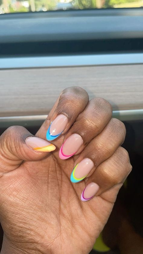 Multicolored French Tips, Multicolor French Tip Nails Almond, French Nails For Summer, Multi Colored French Tip Nails, Double French Tip Nails, Color French Nails, Double French Tip, Rainbow French Tip Nails, Cute Easy Nail Designs