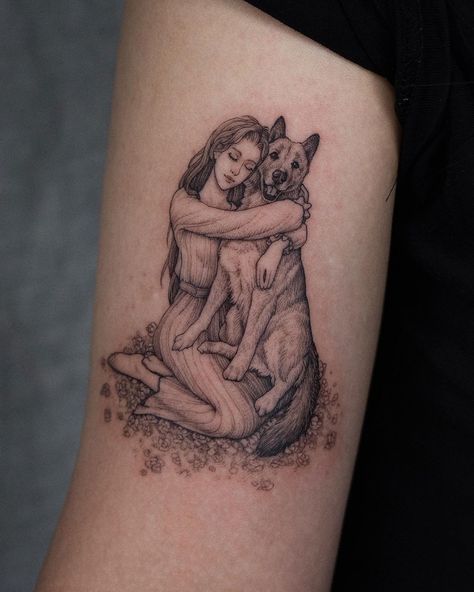 Hugging Dog Tattoo, Tattoos For Dogs That Passed, German Shepherd Tattoo, Tatts Ideas, Korea Tattoo, Tribute Tattoos, Dog Memorial Tattoos, Christmas Tattoo, Memorial Tattoo