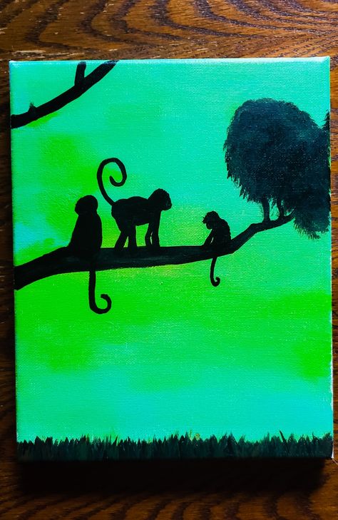 Silhouette of monkeys in a tree, painted on canvas Monkey Acrylic Painting, Monkey Painting Easy, Monkey Canvas Painting, Monkey Silhouette, Monkey Painting, Paint Monkey, Wood Paintings, Africa Painting, Animal Canvas Paintings