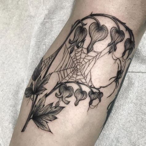 Spooky Tattoos Thigh, Spider Web Plant Tattoo, Spooky Arm Sleeve, Goth Garden Tattoo, Coraline Flowers Tattoo, Wild Plant Tattoo, Gothic Upper Arm Tattoo, Spooky Filler Tattoo Ideas, Flowers And Spider Web Tattoo